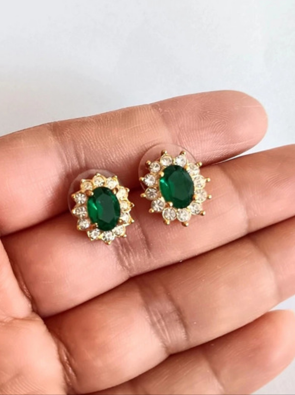 Green Gemstone Halo Stud Earrings Like New